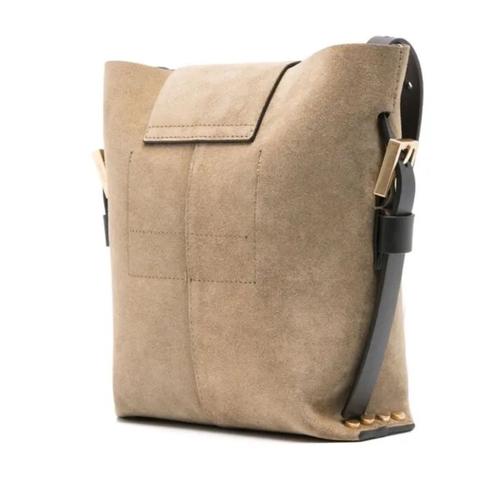 AllSaints Suede Crossbody Bucket Bag in Taupe with Black Strap - Picture 2 of 13